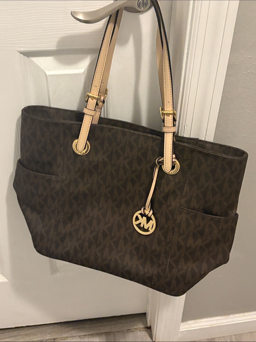Michael Kors Brown MK Signature Tote with Tan Straps